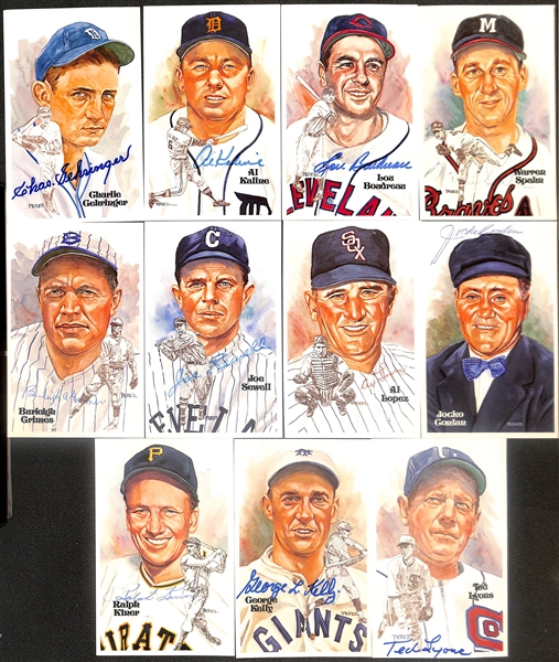 Lot of (11) Signed Hall of Fame Postcards inc. Charlie Gehringer, Al Kaline, Lou Boudreau, Warren Spahn, + (Beckett BAS Reviewed)