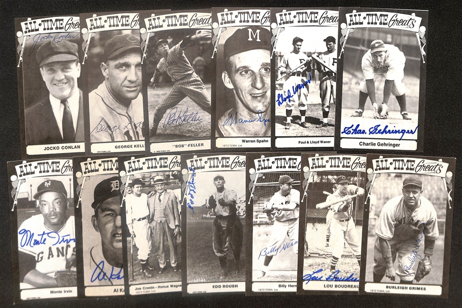 Lot of (13) Signed All Time Greats Postcards inc. Charlie Gehringer, Paul Waner, Warren Spahn, Bob Feller, George Kelly, + (Beckett BAS Reviewed)