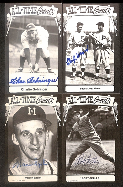 Lot of (13) Signed All Time Greats Postcards inc. Charlie Gehringer, Paul Waner, Warren Spahn, Bob Feller, George Kelly, + (Beckett BAS Reviewed)