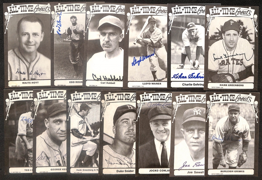 Lot of (13) Signed All Time Greats Postcards inc. Hank Greenberg, Charlie Gehringer, Lloyd Waner, Carl Hubbell, + (Beckett BAS Reviewed)