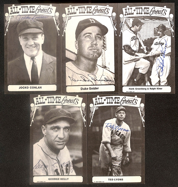 Lot of (13) Signed All Time Greats Postcards inc. Hank Greenberg, Charlie Gehringer, Lloyd Waner, Carl Hubbell, + (Beckett BAS Reviewed)