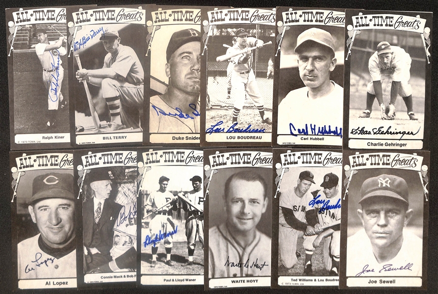 Lot of (12) Signed All Time Greats Postcards inc. Charlie Gehringer, Carl Hubbell, Lou Boudreau, Duke Snider, Bill Terry, Ralph Kiner, + (Beckett BAS Reviewed)