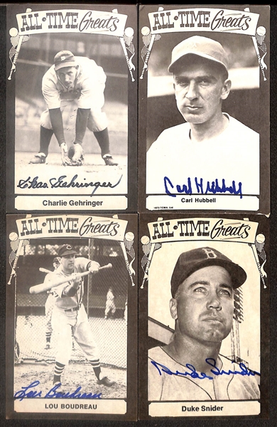 Lot of (12) Signed All Time Greats Postcards inc. Charlie Gehringer, Carl Hubbell, Lou Boudreau, Duke Snider, Bill Terry, Ralph Kiner, + (Beckett BAS Reviewed)