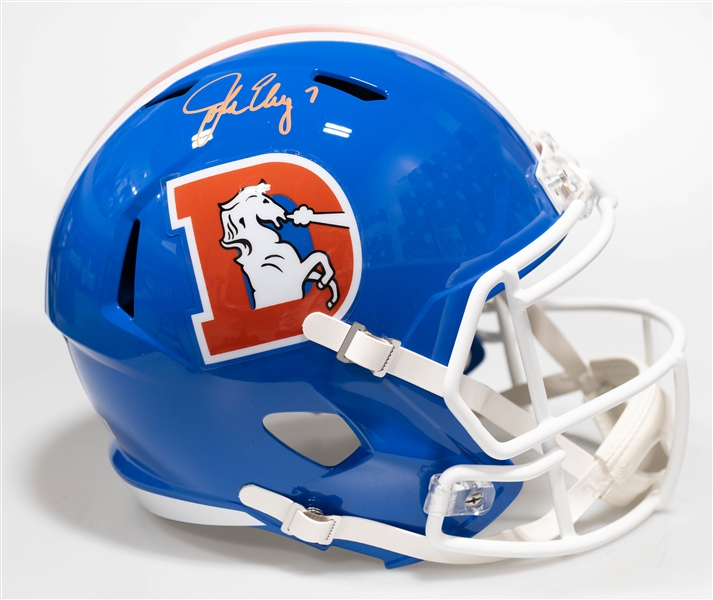 John Elway Autographed/Signed Full Size Denver Broncos Replica Throwback Helmet - Beckett/BAS Witnessed Sticker of Authenticity!