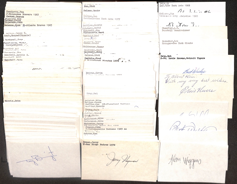 Lot of (200+) Signed Mostly Baseball Index Cards inc. Leo Durocher, AB Chandler, Jim McMann, Al Weis, + (Beckett BAS Reviewed)