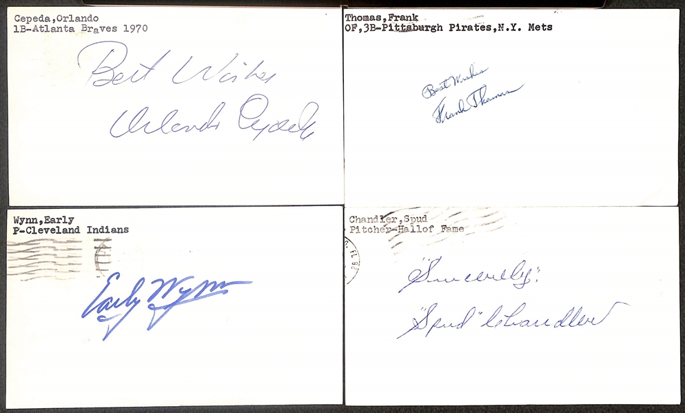 Lot of (150+) Signed Mostly Baseball Index Cards inc. Orlando Cepeda, Frank Thomas, Early Wynn, Spud Chandler, Gary Carter, + (Beckett BAS Reviewed)