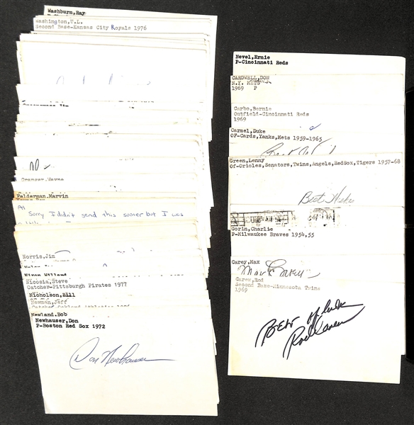 Lot of (150+) Mostly Signed Baseball Index Cards inc. Rod Carew, Max Carey, Charlie Gorin, George Werley, + (Beckett BAS Reviewed)