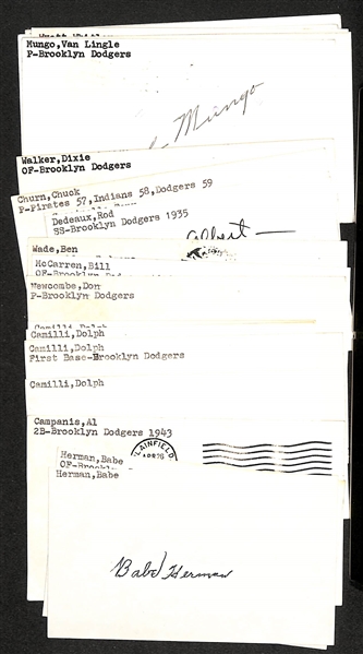 Lot of (24) Signed Brooklyn Dodgers Index Cards inc. (2) Babe Herman, Al Campanis, (5) Dolph Camilli, Don Newcombe, + (Beckett BAS Reviewed)