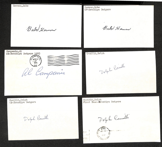 Lot of (24) Signed Brooklyn Dodgers Index Cards inc. (2) Babe Herman, Al Campanis, (5) Dolph Camilli, Don Newcombe, + (Beckett BAS Reviewed)