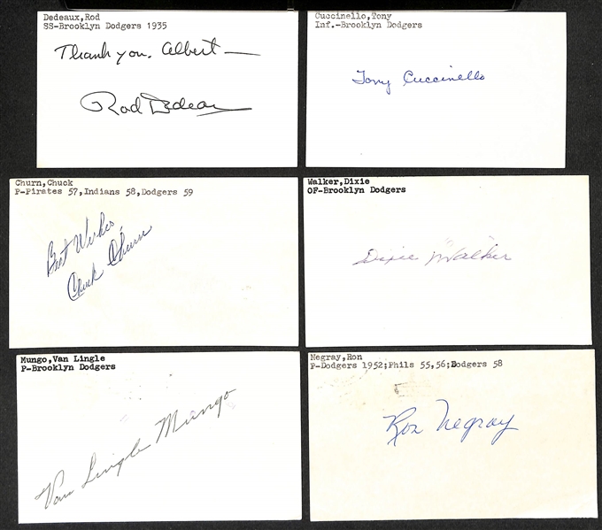 Lot of (24) Signed Brooklyn Dodgers Index Cards inc. (2) Babe Herman, Al Campanis, (5) Dolph Camilli, Don Newcombe, + (Beckett BAS Reviewed)