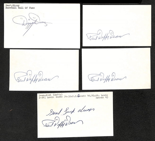 Lot of (5) Signed Index Cards- Dizzy Dean, (4) Daffy Dean - (Beckett BAS Reviewed)