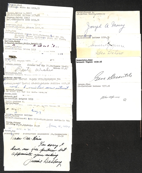 Lot of (50+) Signed 1930s Baseball Index Cards inc. Joseph Mowry, George Detore, Gene Desautels, Jimmy DeShong, Blas Monaco, + (Beckett BAS Reviewed)