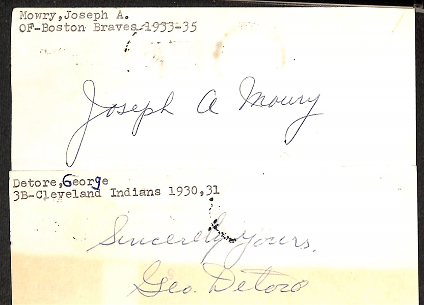 Lot of (50+) Signed 1930s Baseball Index Cards inc. Joseph Mowry, George Detore, Gene Desautels, Jimmy DeShong, Blas Monaco, + (Beckett BAS Reviewed)