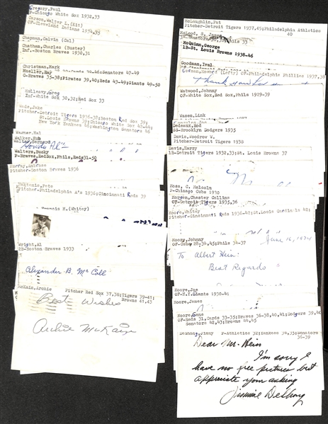 Lot of (50+) Signed 1930s Baseball Index Cards inc. Joseph Mowry, George Detore, Gene Desautels, Jimmy DeShong, Blas Monaco, + (Beckett BAS Reviewed)