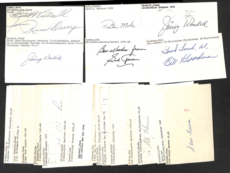 Lot of (35) Signed 1940s Baseball Index Cards inc. Russ Derry, Penton Mole, Jimmy Wasdell, Jimmy Wasdell, + (Beckett BAS Reviewed)