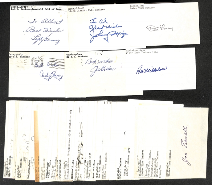 Lot of (45+) Signed Yankees Index Cards inc. Lefty Gomez, Johnny Mize, Don Larsen, Andy Carey, + (Beckett BAS Reviewed)