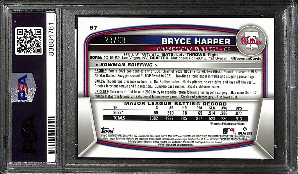 2023 Bowman Chrome Bryce Harper Gold Refractor Graded PSA 10 (#/50)