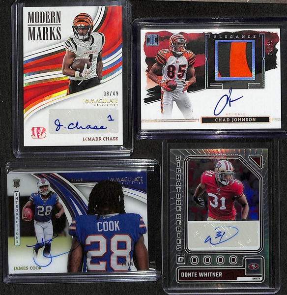 Lot of (8) Football Autograph and Jersey Cards inc. 2023 Immaculate Ja'Marr Chase Autograph (#/49), 2023 Impeccable Chad Johnson Autograph Patch (#/35), 2022 Immaculate James Cook Rookie Autograph...