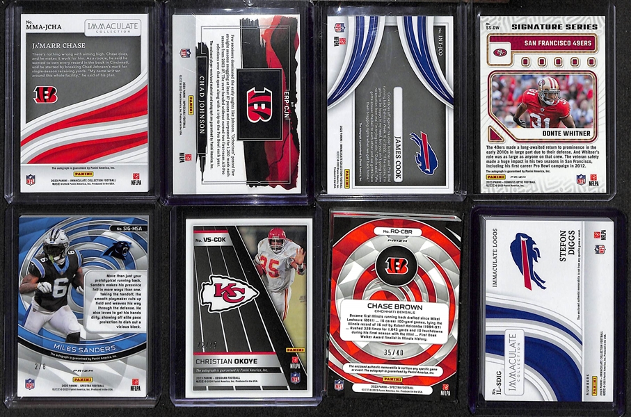 Lot of (8) Football Autograph and Jersey Cards inc. 2023 Immaculate Ja'Marr Chase Autograph (#/49), 2023 Impeccable Chad Johnson Autograph Patch (#/35), 2022 Immaculate James Cook Rookie Autograph...