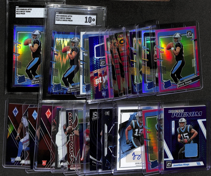 Lot of (21) Football Cards inc 2023 Donruss Optic Bryce Young Holo Rookie (SGC 10), 2023 Donruss Optic Bryce Young Purple Shock Rookie (SGC 10), 2023 Donruss Optic Bryce Young Pink Rookie, +