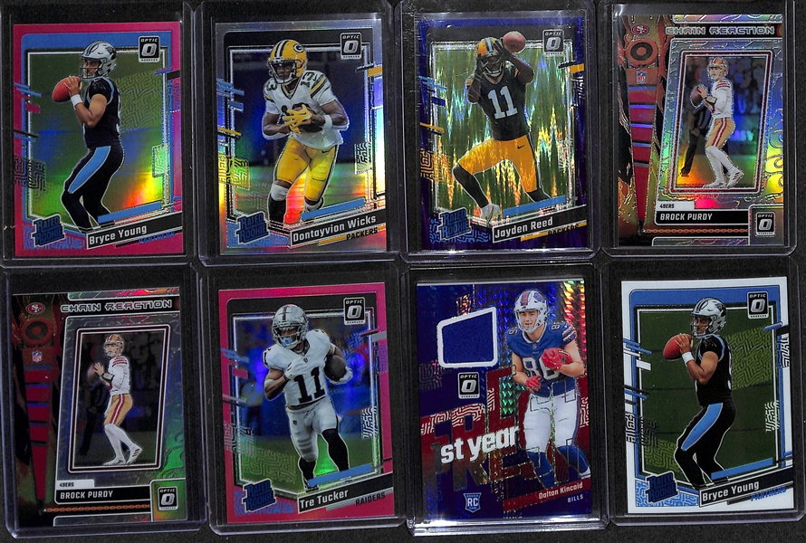 Lot of (21) Football Cards inc 2023 Donruss Optic Bryce Young Holo Rookie (SGC 10), 2023 Donruss Optic Bryce Young Purple Shock Rookie (SGC 10), 2023 Donruss Optic Bryce Young Pink Rookie, +