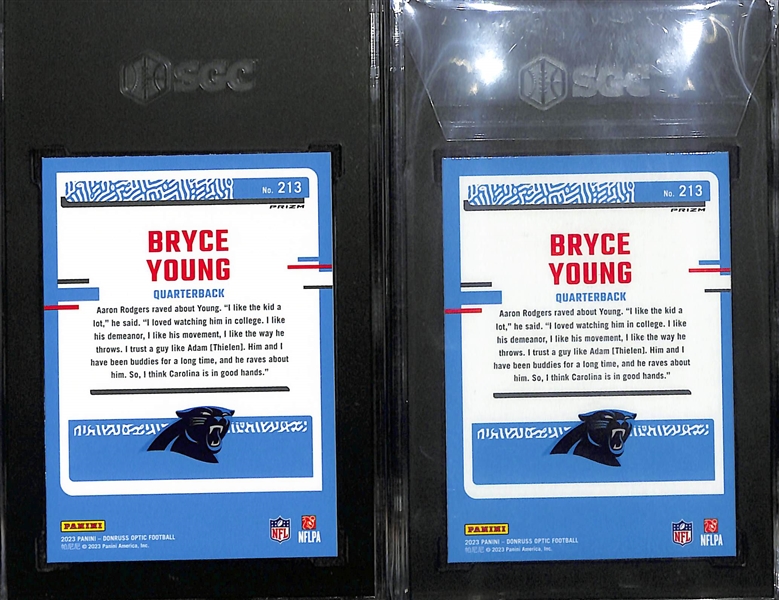 Lot of (21) Football Cards inc 2023 Donruss Optic Bryce Young Holo Rookie (SGC 10), 2023 Donruss Optic Bryce Young Purple Shock Rookie (SGC 10), 2023 Donruss Optic Bryce Young Pink Rookie, +