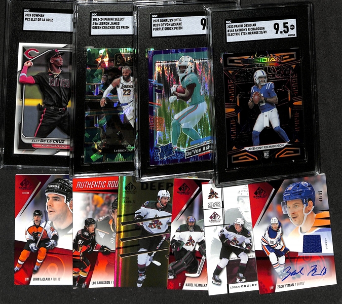 Lot of (10) Sports Cards inc. 2023 Obsidian Anthony Richardson Rookie Orange (SGC 9.5) (#/49), 2023-24 SP Game Used Zach Hyman Patch Autograph (#/99), +