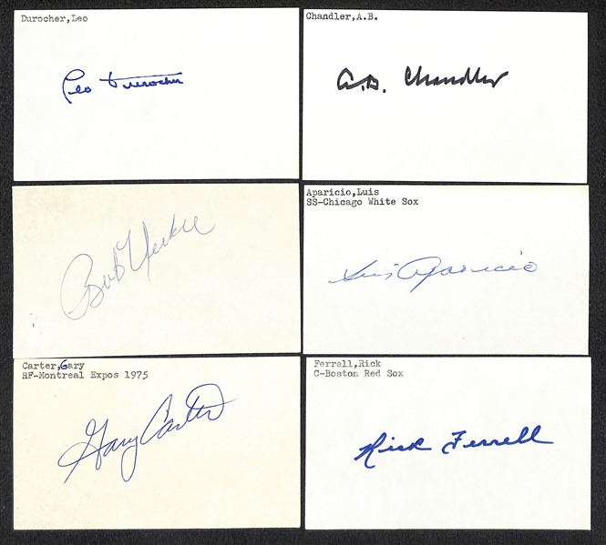 Lot of (400+) Signed Mostly Baseball Index Cards inc. Leo Durocher, AB Chandler, Bob Uecker, Luis Aparicio, + (Beckett BAS Reviewed)