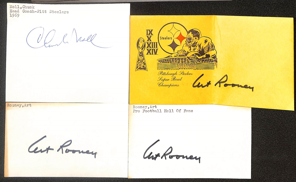 Lot of (4) Signed Steelers Index Cards- Chuck Noll, (3) Art Rooney (Beckett BAS Reviewed)