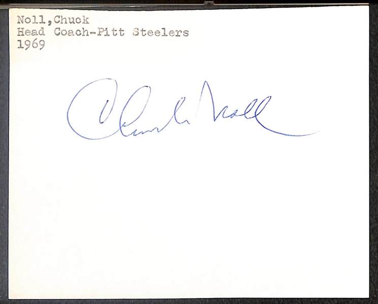 Lot of (4) Signed Steelers Index Cards- Chuck Noll, (3) Art Rooney (Beckett BAS Reviewed)