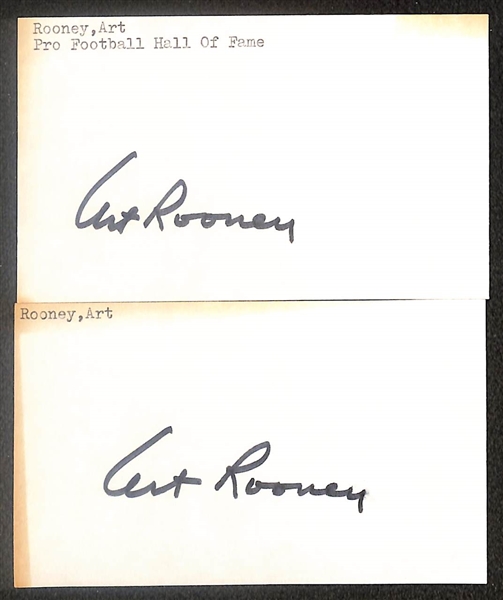 Lot of (4) Signed Steelers Index Cards- Chuck Noll, (3) Art Rooney (Beckett BAS Reviewed)