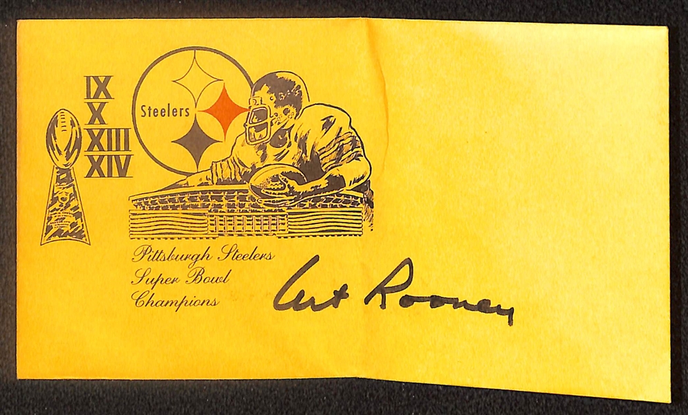 Lot of (4) Signed Steelers Index Cards- Chuck Noll, (3) Art Rooney (Beckett BAS Reviewed)