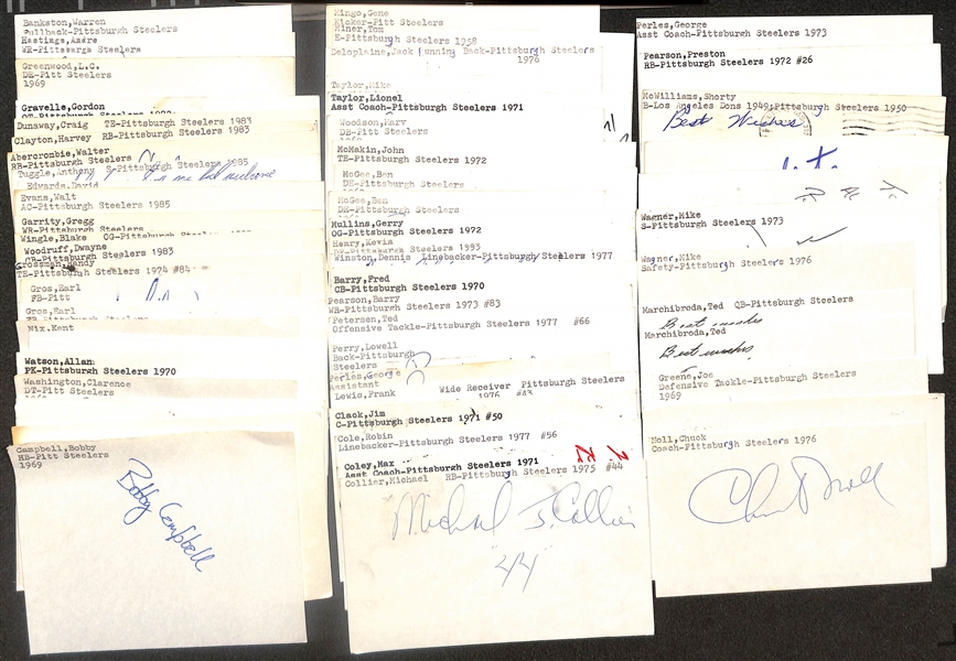 Lot of (60) Signed Steelers Related Index Cards inc. Chuck Noll, Franco Harris, Joe Greene, (2) Ted Marchibroda, + (Beckett BAS Reviewed)