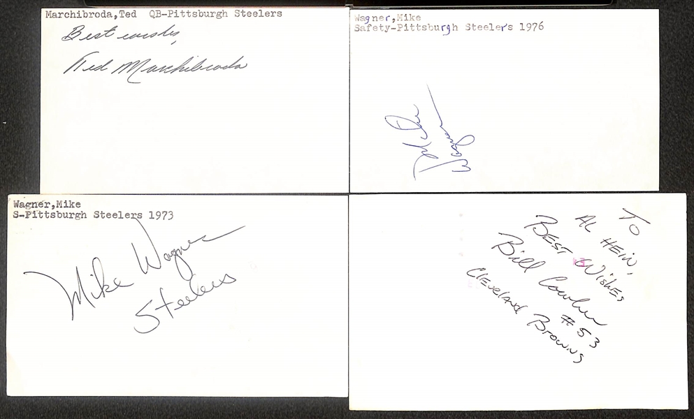 Lot of (60) Signed Steelers Related Index Cards inc. Chuck Noll, Franco Harris, Joe Greene, (2) Ted Marchibroda, + (Beckett BAS Reviewed)