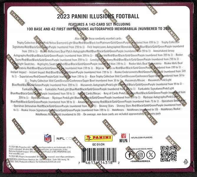 2023 Panini Illusions Football Sealed Hobby Box inc. 3 Autographs & 2 Memorabilia Cards per Box