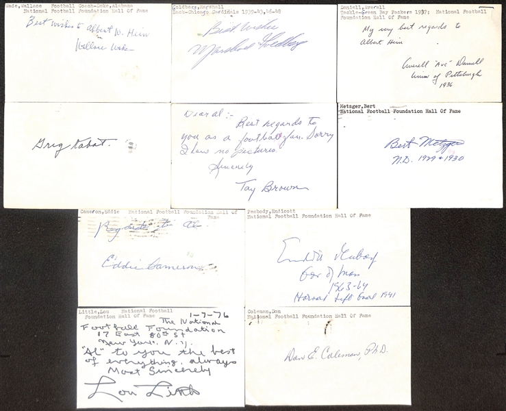 Lot of (10) Signed Unique Football Index Cards w/ Many CFB Legends inc. Wallace Wade, Marshall Goldberg, Averell Daniell, + (Beckett BAS Reviewed)