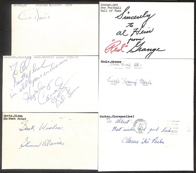 Lot of (6) Signed Hall of Fame Football Index Cards inc. Al Davis, Red Grange, Hopalong Cassidy, + (Beckett BAS Reviewed)