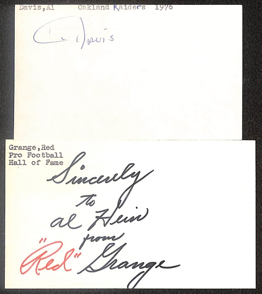 Lot of (6) Signed Hall of Fame Football Index Cards inc. Al Davis, Red Grange, Hopalong Cassidy, + (Beckett BAS Reviewed)