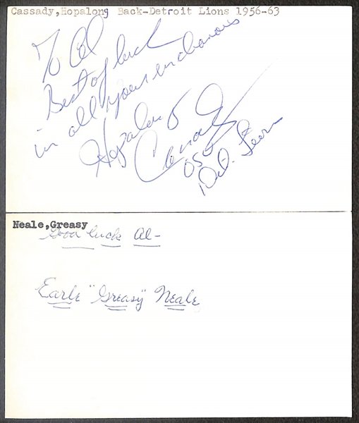 Lot of (6) Signed Hall of Fame Football Index Cards inc. Al Davis, Red Grange, Hopalong Cassidy, + (Beckett BAS Reviewed)