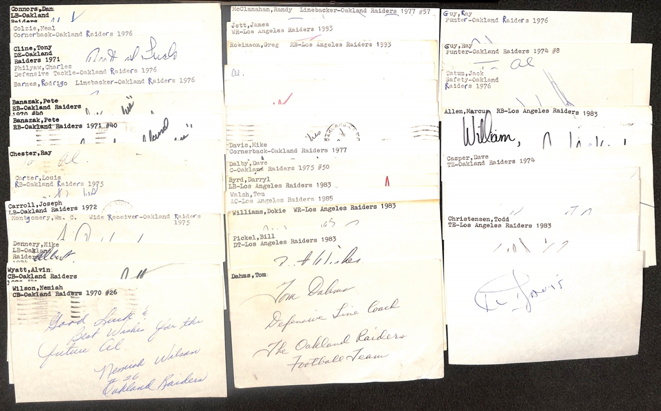 Lot of (40+) Signed Oakland Raiders Index Cards inc. Al Davis, (2) Todd Christensen, Tom Flores, (2) Dave Casper, + (Beckett BAS Reviewed)