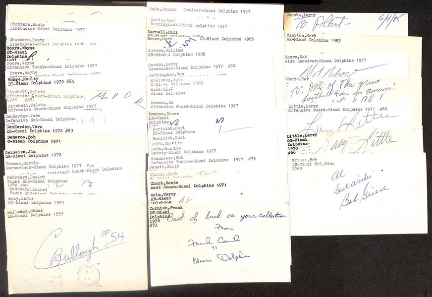 Lot of (50+) Signed Miami Dolphins Index Cards inc. Bob Griese, (2) Larry Little, (2) Nat Moore, Mark Clayton, Larry Csonka, + (Beckett BAS Reviewed)