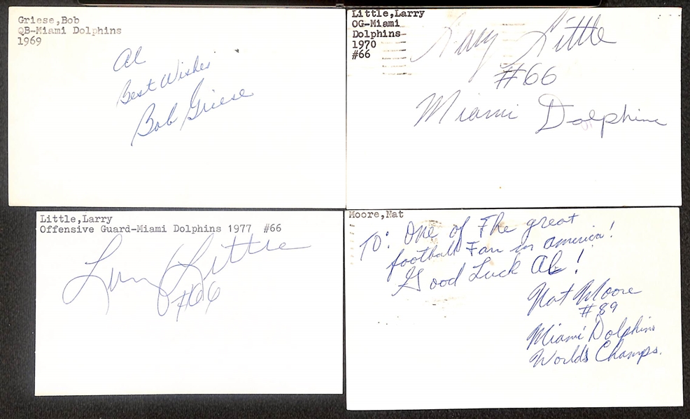 Lot of (50+) Signed Miami Dolphins Index Cards inc. Bob Griese, (2) Larry Little, (2) Nat Moore, Mark Clayton, Larry Csonka, + (Beckett BAS Reviewed)