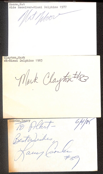 Lot of (50+) Signed Miami Dolphins Index Cards inc. Bob Griese, (2) Larry Little, (2) Nat Moore, Mark Clayton, Larry Csonka, + (Beckett BAS Reviewed)