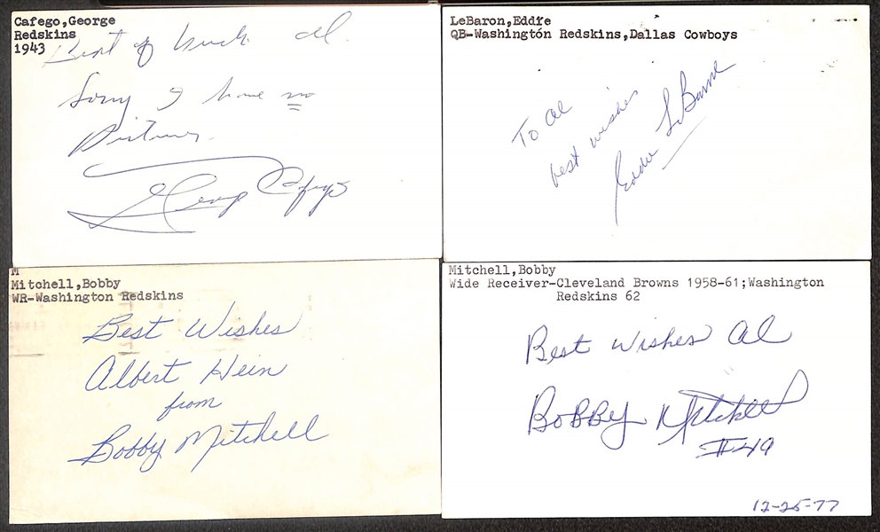 Lot of (55+) Signed Washington Redskins Index Cards inc. George Cafego, Eddie LeBaron, (2) Bobby Mitchell, Joe Theismann, + (Beckett BAS Reviewed)