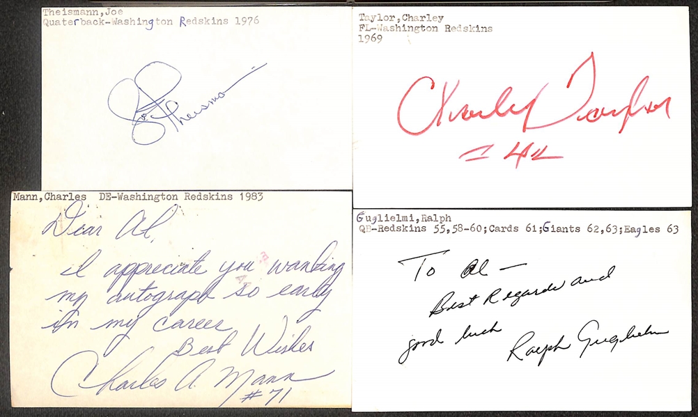 Lot of (55+) Signed Washington Redskins Index Cards inc. George Cafego, Eddie LeBaron, (2) Bobby Mitchell, Joe Theismann, + (Beckett BAS Reviewed)