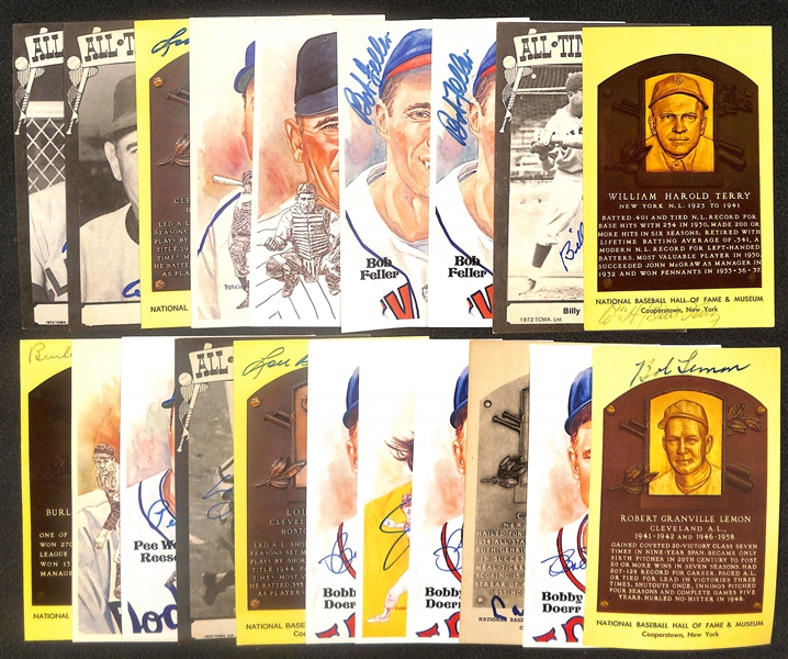 Lot of (20) Signed Hall of Fame Baseball Postcards inc. William Terry, Billy Herman, (2) Bob Feller, (2) Al Lopez, + (Beckett BAS Reviewed)