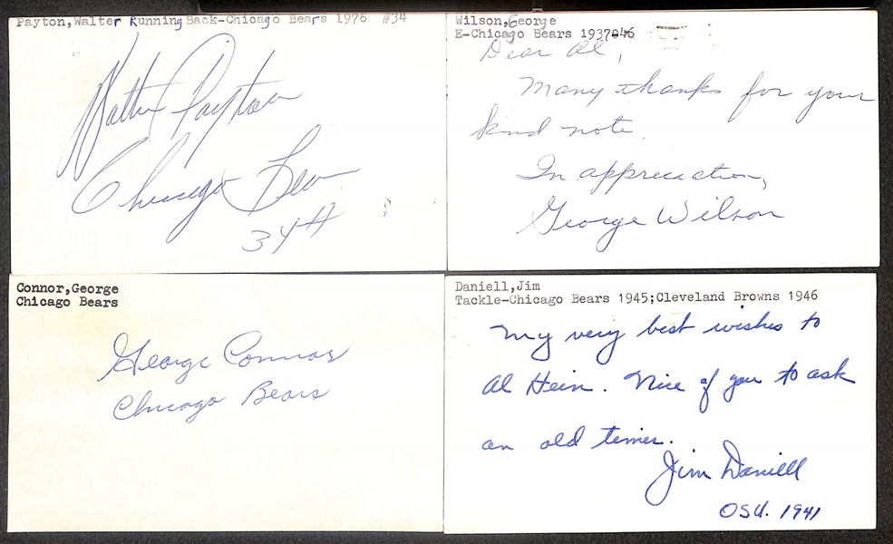 Lot of (75+) Signed Chicago Bears Index Cards inc. Walter Payton, George Wilson, George Connor, Jim Daniell, + (Beckett BAS Reviewed)