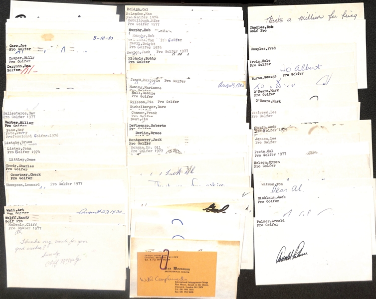 Lot of (80+) Signed Golf Index Cards inc. Arnold Palmer, Jack Nicklaus, Tom Watson, Byron Nelson, Cal Peete, + (Beckett BAS Reviewed)