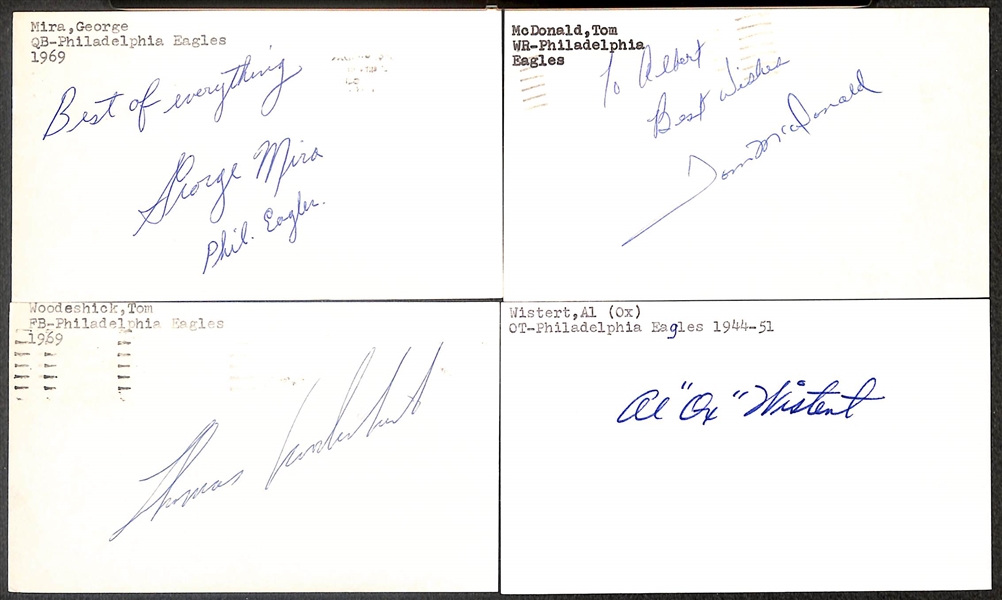 Lot of (75+) Signed Philadelphia Eagles Index Cards inc. George Mira, Tom McDonald, Tom Woodeshick, + (Beckett BAS Reviewed)