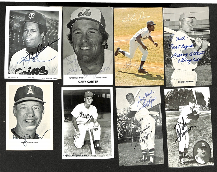 Lot of (150+) Signed Baseball Photos + Post Cards inc. Rod Carew, Gary Carter, Willie Davis, + (Beckett BAS Reviewed)